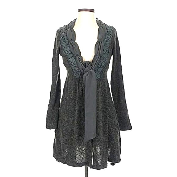 Areve Women Gray Ruffle Bow Lace Trim Longline Boho Cardigan Sweater Sz S 1110H3 - Picture 1 of 11